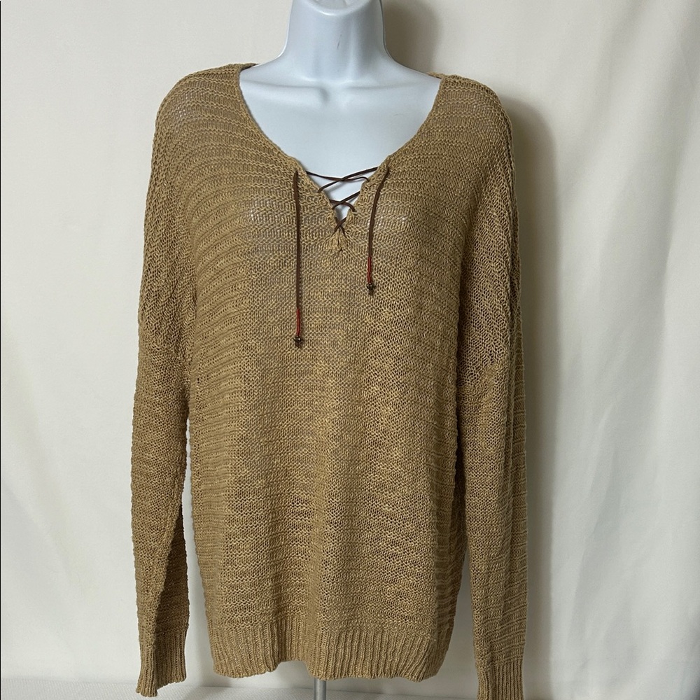 Ralph Lauren Jeans Women’s Large Tan Loose Knit Leather Ties Front Pullover Top